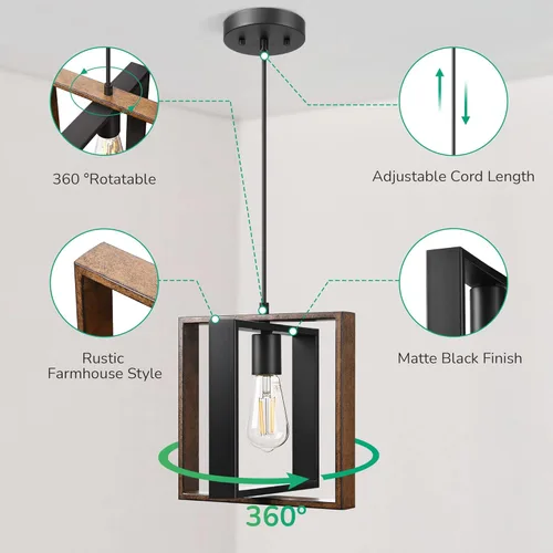 Miniatura 5 de EDISHINE Lámpara Colgante de Estilo Granja, Lámpara Colgante Rústica con Veta de Madera y Acabado Negro, Iluminación Colgante para Isla de Cocina
