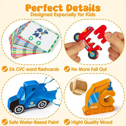Miniatura 7 de Vanmor Rompecabezas de madera del alfabeto para niños pequeños, juego de palabras a juego con 52 bloques y tarjetas flash, juguetes de ortografía