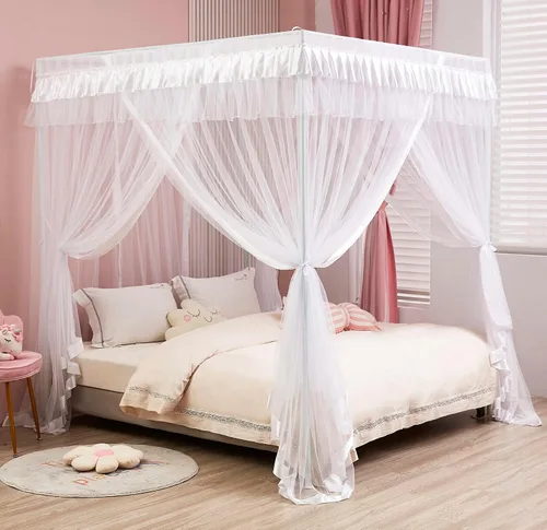 Miniatura 4 de Mengersi Cortina para Dosel de Cama Princesa, con 4 Esquinas, Dosel con Mosquitero para Cama de Princesa (Blanco, Doble)