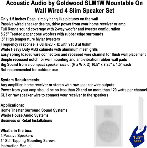 Miniatura 7 de Acoustic Audio SLM1W - Altavoces delgados para montaje en pared, sistema de cine en casa, con cable, paquete de 2 pares