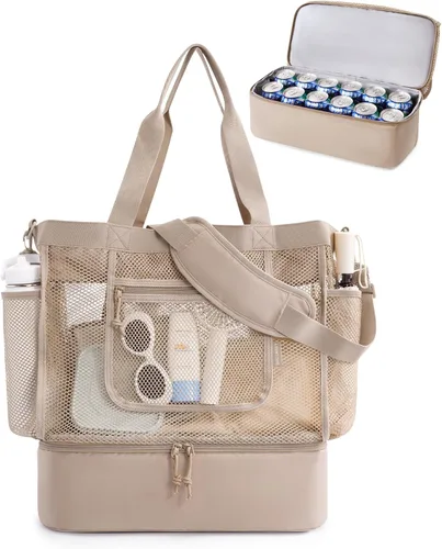 BAGSMART Bolsa de playa para mujeres, bolsas de malla tipo tote con cremallera, esenciales de vacaciones a prueba de arena con enfriador para