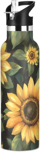 Trendy Sunflower Oil Painting Style Leak Proof & BPA Free Sports Insulated Water Bottle With Straws Leak-proof Hot & Cold Double Walled for Sport