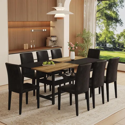 Miniatura 37 de Juego de mesa de comedor de 71 pulgadas para 6 personas con estante de almacenamiento, juego de mesa de comedor rectangular industrial moderna