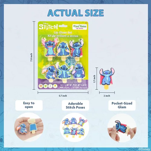 Miniatura 4 de Disney Stitch - Juego de 6 brillos de labios Flip-Top Ice Pop, brillo de labios a base de plantas con forma de puntada coleccionable, kit