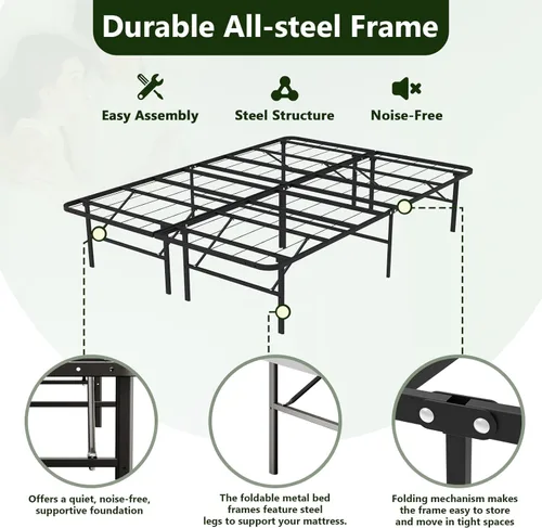 Miniatura 5 de Base de cama plegable de tamaño matrimonial, plataforma de metal con almacenamiento debajo de la cama de 14 pulgadas, resistente, sin ruido, fácil