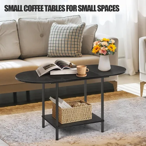 Miniatura 6 de Mesas de café negras para sala de estar, mesa de centro oval pequeña de mediados de siglo con estante de almacenamiento y tablero de madera, mesa
