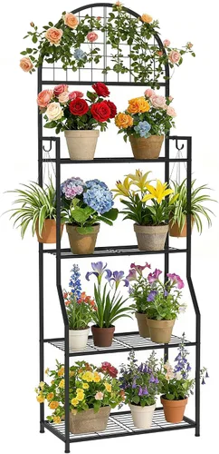 Miniatura 7 de VGMiu Soporte para plantas de 2 niveles para interiores y exteriores, soporte de exhibición de plantas de metal para múltiples plantas, soporte