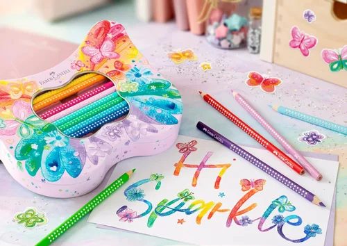 Miniatura 7 de Faber-Castell Set de regalo – Lápices de colores brillantes en lata con forma de mariposa – 20 lápices con calcomanías