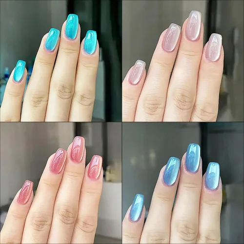Miniatura 12 de Uñas postizas a presión de Navidad, color rojo vino, uñas postizas cuadradas medianas con diseño degradado, cobertura completa, acrílico brillante
