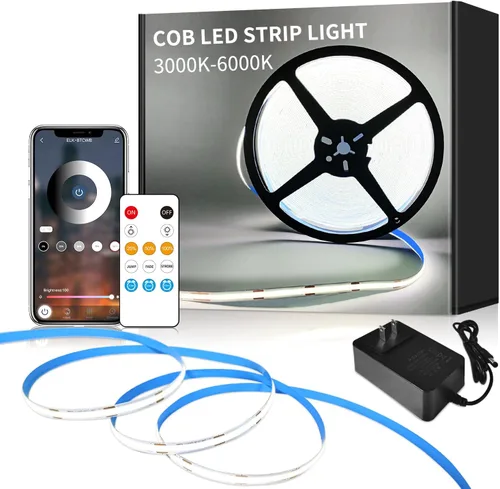 Miniatura 12 de COB - Tira de luces LED de 32.8 pies, 3000 K, blanco cálido, regulable, CC de 24 V, cinta de luces LED flexibles para dormitorio, con control remoto