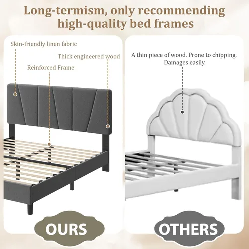 Miniatura 4 de Garvee Base de cama de tamaño individual con cabecera ajustable, base de cama tapizada de lino con listones de madera fuertes, base de colchón,
