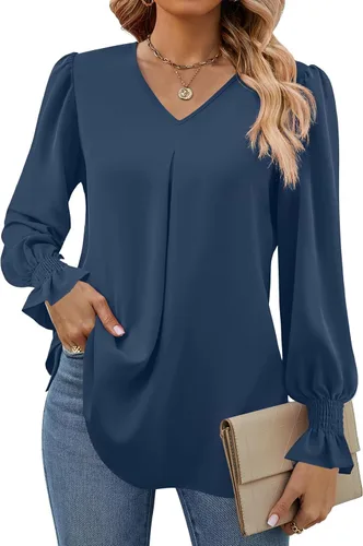 Miniatura 22 de Funlingo Blusas de mujer con mangas largas 2025, elegantes y casuales, con cuello en V, túnica suelta de gasa para el trabajo