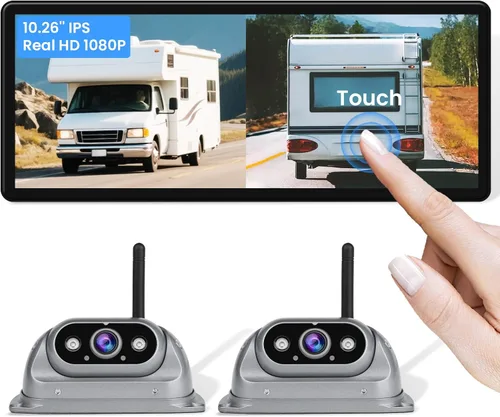 Sistema de cámaras de respaldo inalámbricas con 10.26 pulgadas precableado para sistema Furrion 1080P HD IPS pantalla táctil sin demora, IP69K