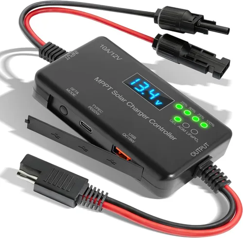 Controlador de carga solar MPPT de 10 A, 12 V, 30 V máximo COV | 22 W tipo C y 18 W USB de carga rápida | LCD, protección múltiple | Controlador de