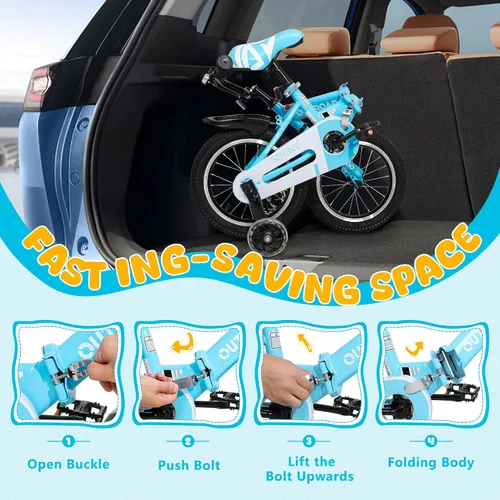 Miniatura 6 de Betterland Bicicleta plegable para niños, bicicleta para niños de 14/16/18 pulgadas con ruedas de entrenamiento y frenos de mano duales, bicicleta