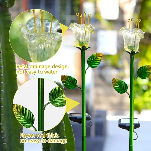 Miniatura 2 de VChymm Paquete de 2 flores decorativas solares, luces de lirio de vidrio amarillo impermeables, encendido/apagado automático para jardín, patio