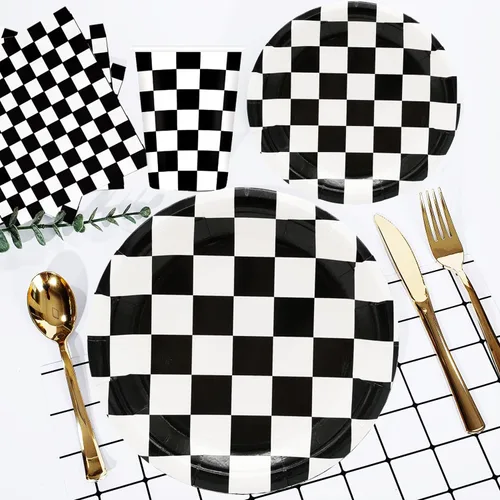 Miniatura 5 de 100 piezas de suministros de fiesta de autos de carreras a cuadros negros y blancos, platos de cena y postre de 9 y 7 pulgadas, servilletas, tazas