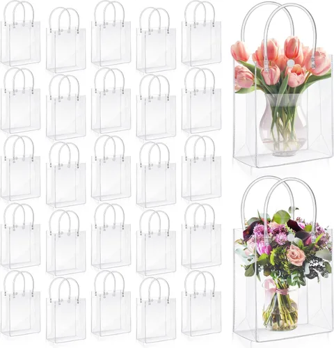 Miniatura 12 de LEIFIDE 50 bolsas de regalo de plástico transparente con asas PVC reutilizables, bolsas de lona transparentes para golosinas, cumpleaños, fiesta