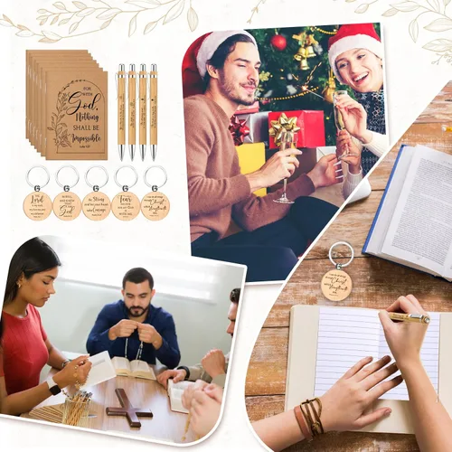 Miniatura 7 de Kisston Juego de 30 cuadernos de regalo religioso cristiano a granel, versículos bíblicos, bolígrafos de bambú y llaveros de madera, regalos
