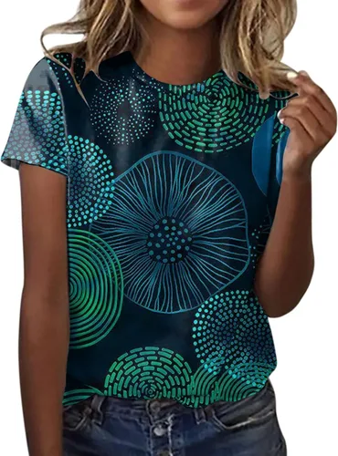 Camisetas casuales para mujer, con bonito estampado, manga corta, cuello redondo, hombros delanteros, vintage, manga corta, holgadas