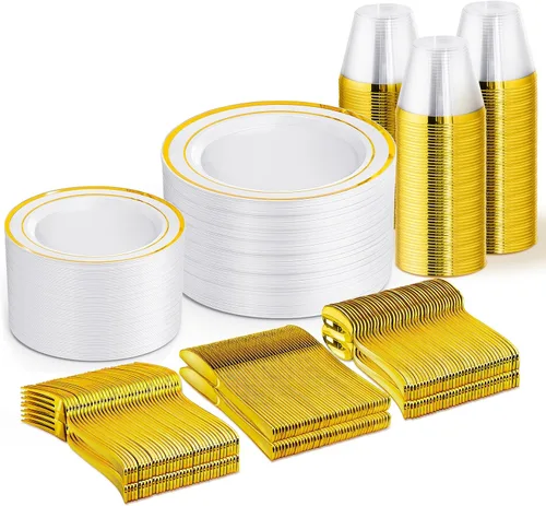 Miniatura 23 de WELLIFE Juego de vajilla desechable de 600 piezas color dorado y blanco para 100 invitados, platos de plástico blanco con borde dorado, platos