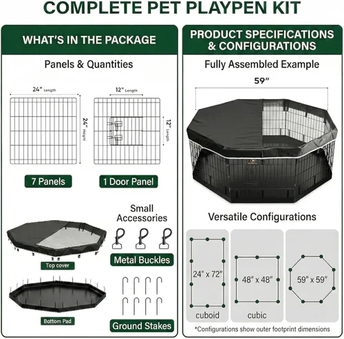 Miniatura 5 de PJYuCien Corralito octogonal para perros con cubierta superior y almohadilla inferior, bolígrafo de ejercicio plegable de metal, 8 paneles de 24