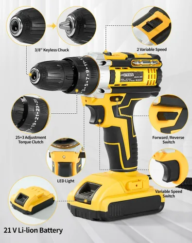 Miniatura 2 de Taladro Atornillador Inalámbrico de 48V - Torque 25+3, Motor sin Escobillas, Taladro Eléctrico de 1500RPM con 2 Baterías, Luz LED, Juego Completo