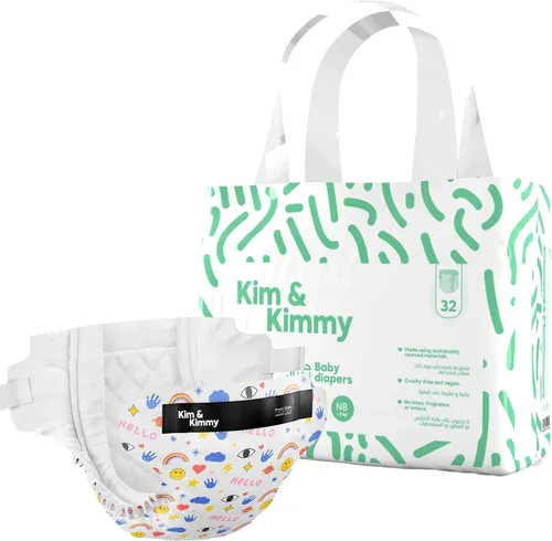 Kim & Kimmy Pañales ecológicos, recién nacidos, hasta 11 libras, 32 pañales – Protección contra fugas de 12 horas, sin erupciones, hipoalergénicos –