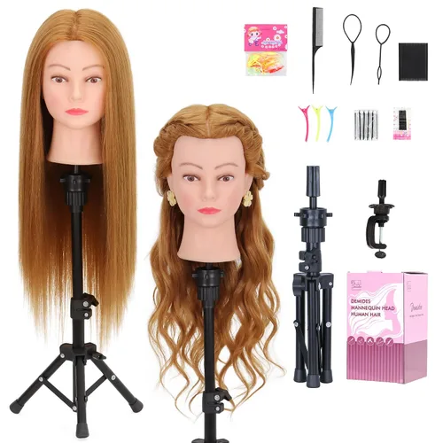 Miniatura 10 de Cabeza de maniquí con 80% de cabello humano de 26-28 pulgadas, cabeza de práctica de maniquí de cosmetología con cabello humano, cabeza de muñeca