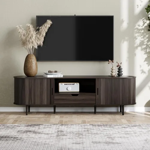 Miniatura 13 de DHH Soporte de TV acanalado de 71 pulgadas con toma de corriente para televisores de hasta 80 pulgadas, consola de TV con estantes ajustables y Negro