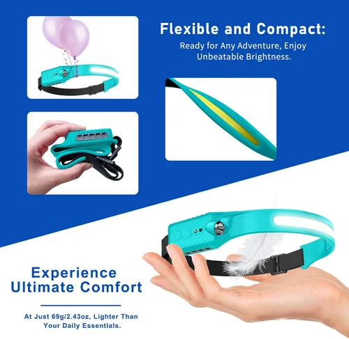 Miniatura 2 de Nessciera Linterna LED recargable (Azul), 400 lúmenes, haz ancho de 230°, USB-C, IPX4, 5 modos — Banda ajustable ligera; clips para casco