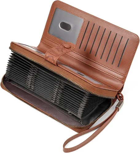 Miniatura 9 de SENDEFN Cartera de piel con cierre RFID para mujer, con cierre de cremallera, de gran capacidad, con correa para la muñeca, Marrón, Classic