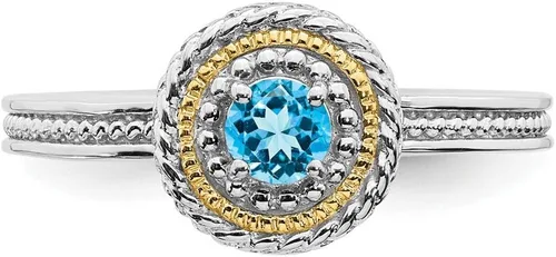 Miniatura 4 de Anillo de plata de ley 925 maciza y oro amarillo de 14 quilates apilable de plata de ley 925 con topacio azul