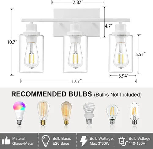 Miniatura 3 de Luminaria de 3 Luces Blancas para Baño, Luz de Tocador Sobre Espejo, Apliques de Iluminación de Pared Modernos, Lámpara de Pared Industrial Rústica