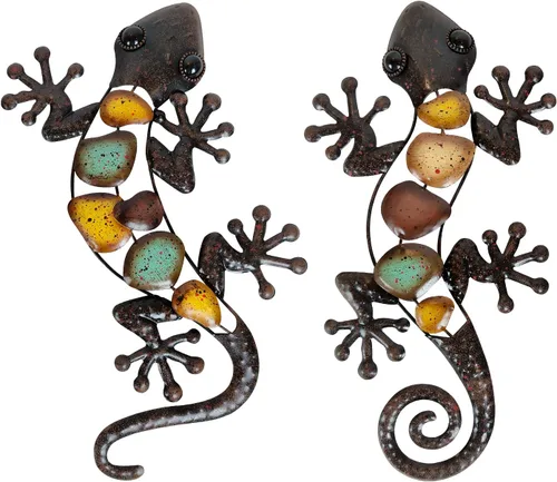 Miniatura 13 de LIFFY Arte Decorativo de Pared de Metal con Lagarto - Paquete de 2 Decoraciones de Pared de Metal de 15 Pulgadas, Escultura Colgante de Vidrio