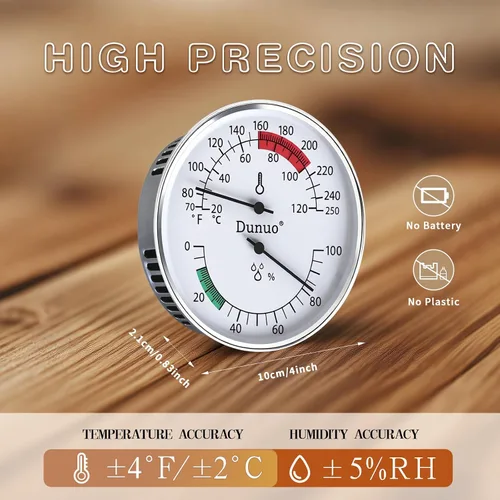 Miniatura 3 de Termómetro higrómetro de sauna, medidor de temperatura de 4 pulgadas con Fahrenheit y Celsius, 70-250°F / 0-100% HR, medidor analógico resistente al