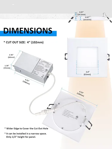 Miniatura 6 de POPANU Iluminación empotrable LED cuadrada de 4 pulgadas, lámpara empotrable sin lata, luz de techo regulable con caja de conexiones, Blanco
