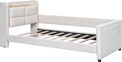 Miniatura 5 de Cama de plataforma tapizada de tamaño individual con barandilla, cabecera de almacenamiento y estribo, para niños, adolescentes y adultos, uso