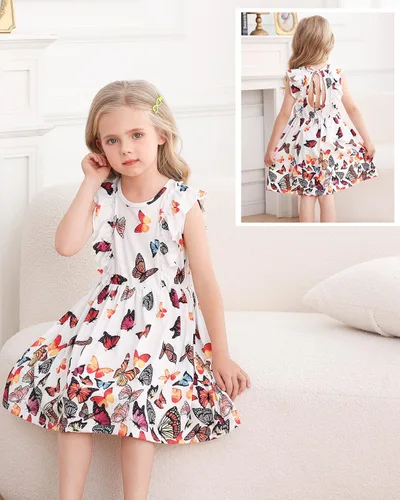 Miniatura 4 de Goodstoworld Vestido de verano para niña pequeña, vestidos de playa con volantes y lazo en la espalda para niñas de 2 a 8 años