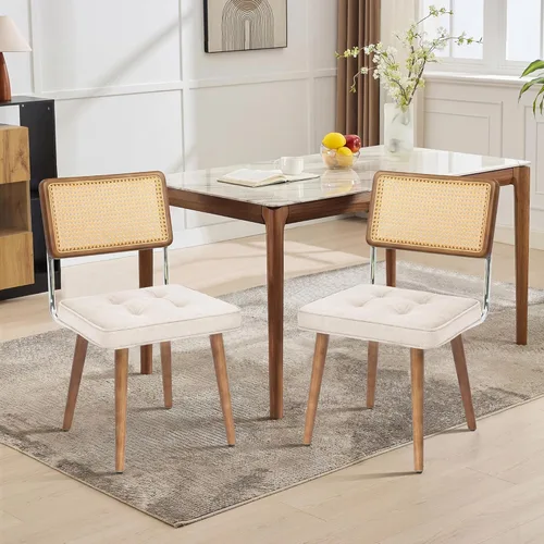GarveeHome Juego de 2 sillas de comedor de ratán natural, sillas de cocina tapizadas de lino con respaldo alto de caña y patas de madera fuertes
