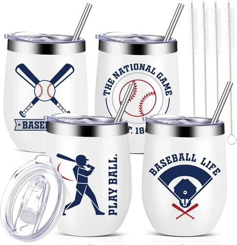 Mifoci 4 vasos de béisbol de 12 onzas con aislamiento térmico de acero inoxidable con popote y tapa, taza de café de viaje para mujeres, hombres,