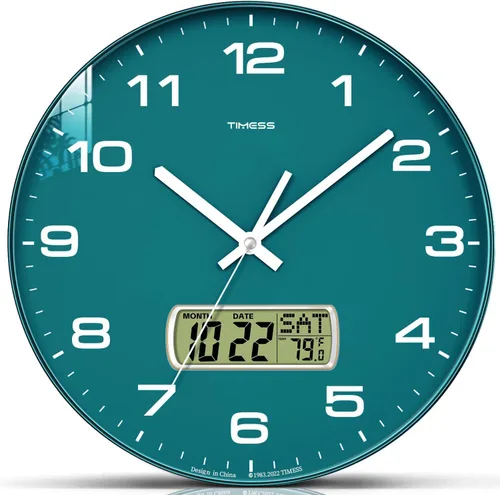 Miniatura 10 de Reloj de pared TIMESS, esfera de 10" sin tictac, silencioso, funciona con pilas, analógico con pantalla LCD para calendario perpetuo y temperatura