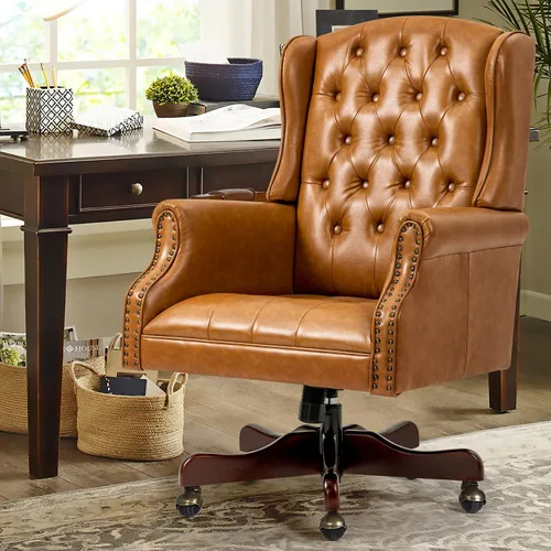 Miniatura 13 de ECOTOUGE Silla de escritorio ejecutiva mejorada 2026, silla de oficina en casa con respaldo de alas de cuero con ribete de cabeza de clavos y Negro