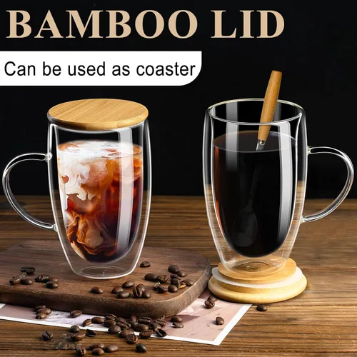 Miniatura 3 de PARACITY Tazas de café de vidrio de doble pared de 16 onzas con tapa/cuchara de bambú, juego de 2 tazas de café de vidrio con asa, taza de café