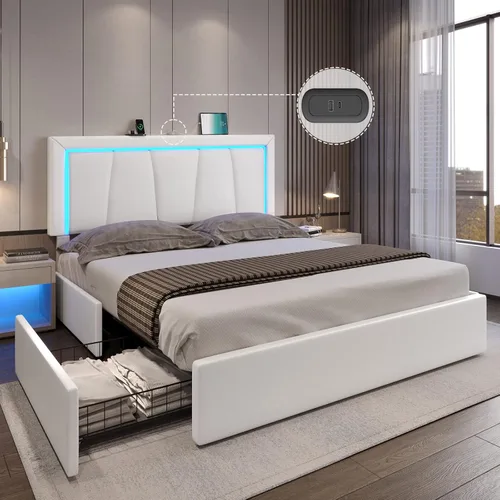 Miniatura 12 de DICTAC Marco de cama tamaño completo con cabecera y 4 cajones de almacenamiento, moderna plataforma de cama tapizada en cuero sintético