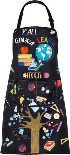 BNQL Delantal para profesores con bolsillos, regalos divertidos para profesores, regalos para la vida del profesor que todos aprenderán hoy,