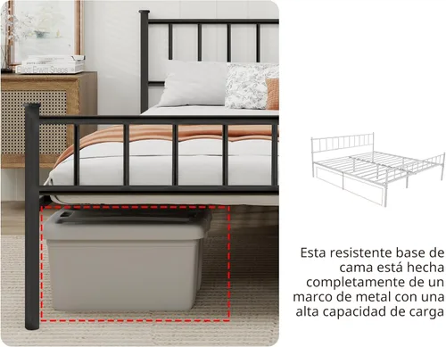 Miniatura 4 de Base de cama individual de metal con cabecero, listones de acero resistente, no necesita somier, fácil montaje, color negro