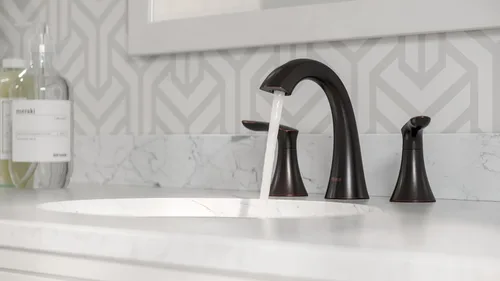 Miniatura 9 de Pfister Weller - Grifo de lavabo de baño de 8 pulgadas, 2 manijas, 3 agujeros, acabado de bronce toscano con ensamblaje de drenaje emergente, 1.2