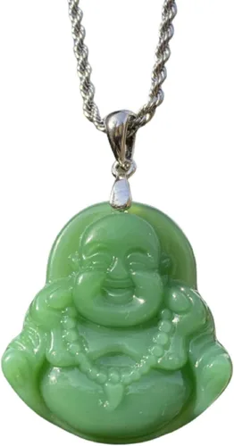 Shop-iGold Colgante de Buda de jade verde claro para hombre y mujer, con estatua de Buda riendo, Metal, Jade simulado