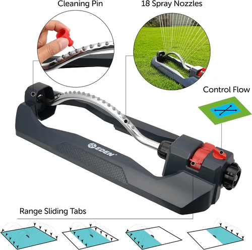 Miniatura 3 de Eden 94106 Rociador oscilante turbo, cubre hasta 4,000 pies cuadrados, 18 boquillas de precisión, base pesada, rango ajustable, perilla de control